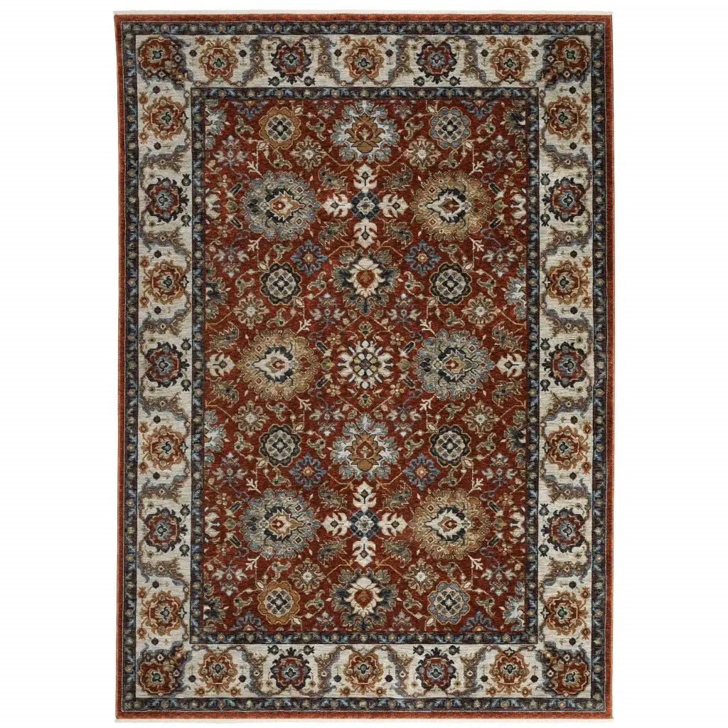 3' X 5' Red Blue Ivory Gold And Navy Oriental Power Loom Stain Resistant Area Rug With Fringe - Image 2