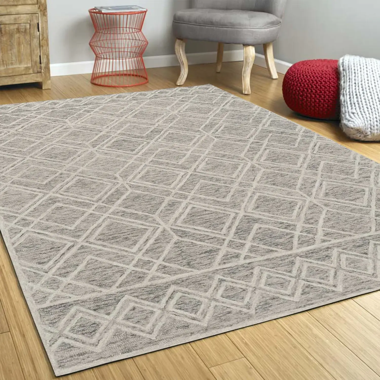 3' X 5' Sand Geometric Diamond Wool Area Rug - Image 5