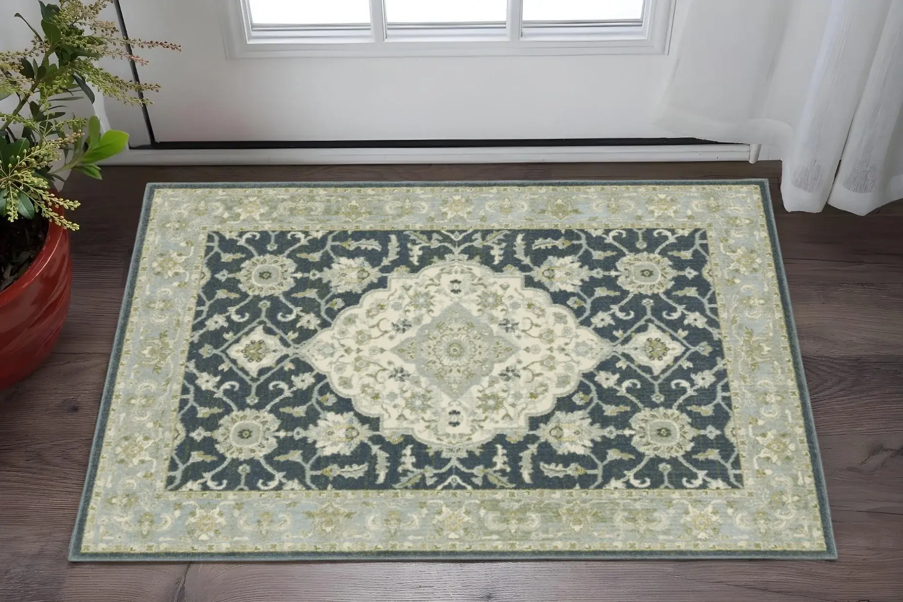 3' X 5' Teal Blue Ivory Green And Grey Oriental Power Loom Stain Resistant Area Rug - Image 2