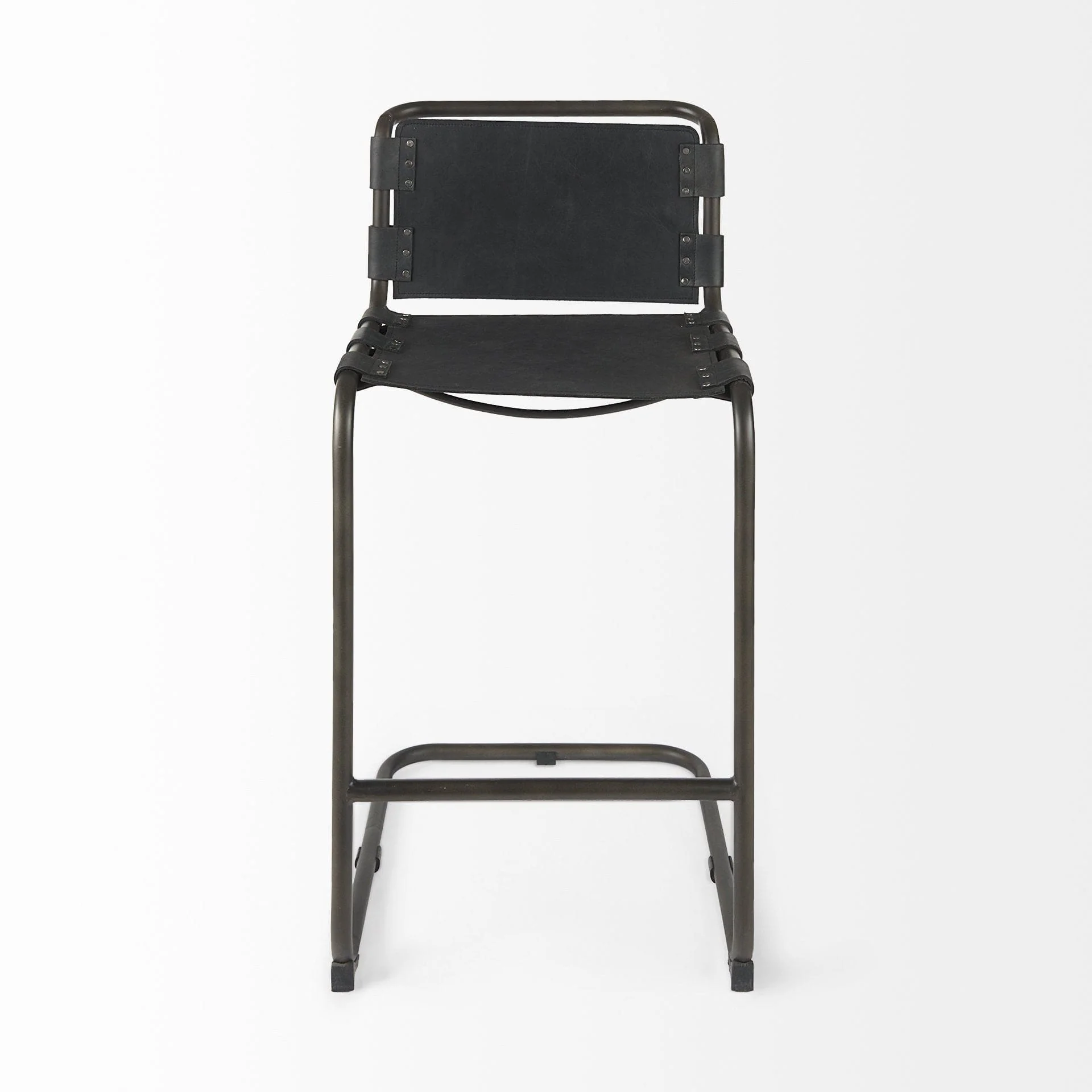 30" Black And Gunmetal Gray Leather And Iron Bar Height Bar Chair - Image 3