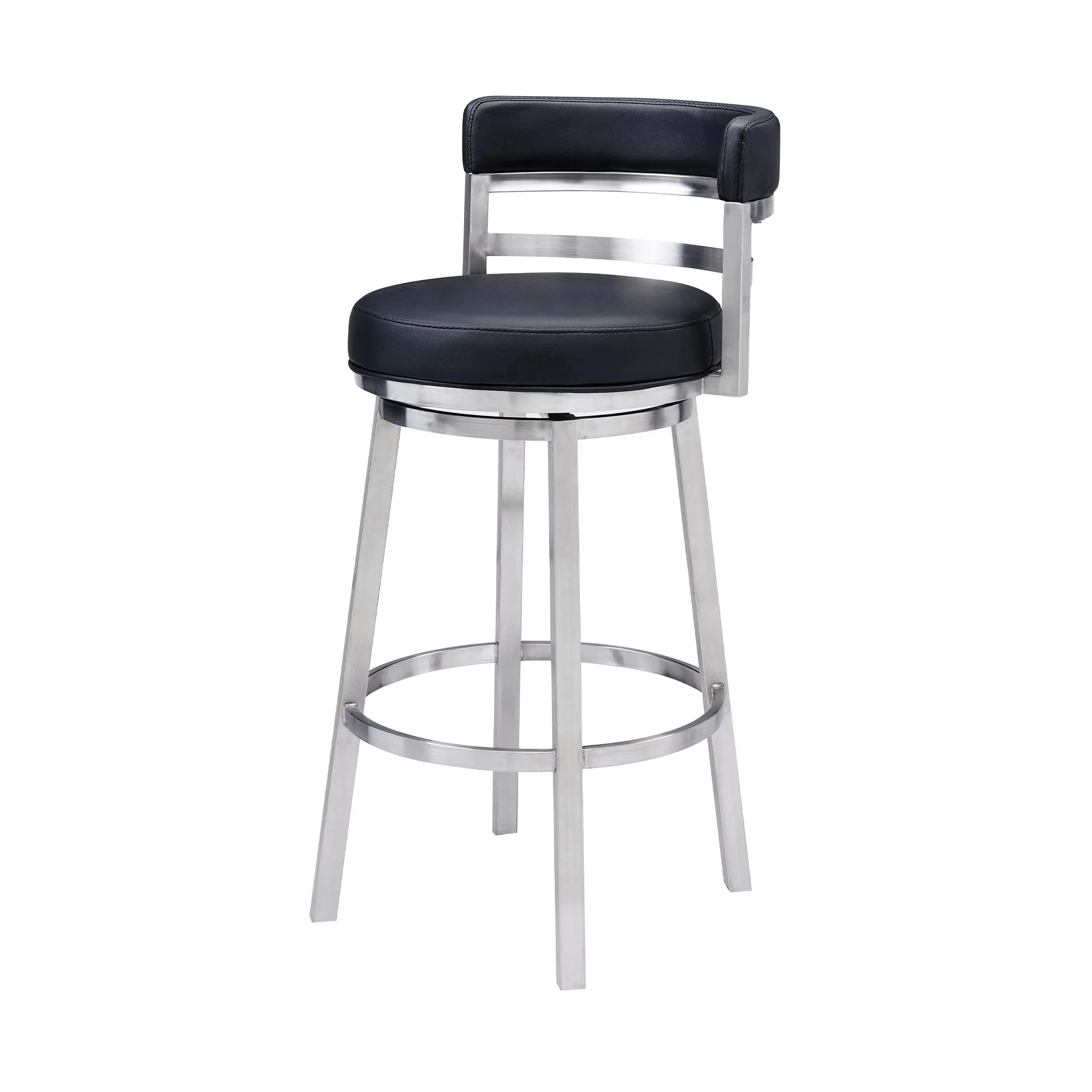 30" Black And Silver Faux Leather And Iron Swivel Low Back Bar Height Bar Chair - Image 4
