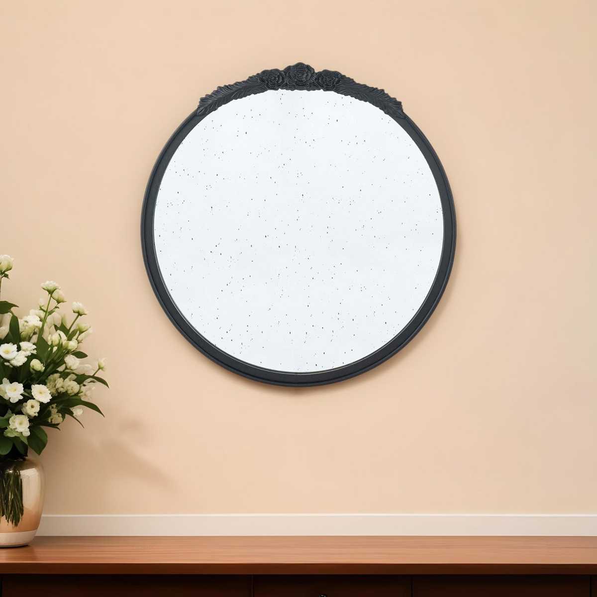 30" Black Crowned Top Antiqued Glass Round Framed Accent Mirror
