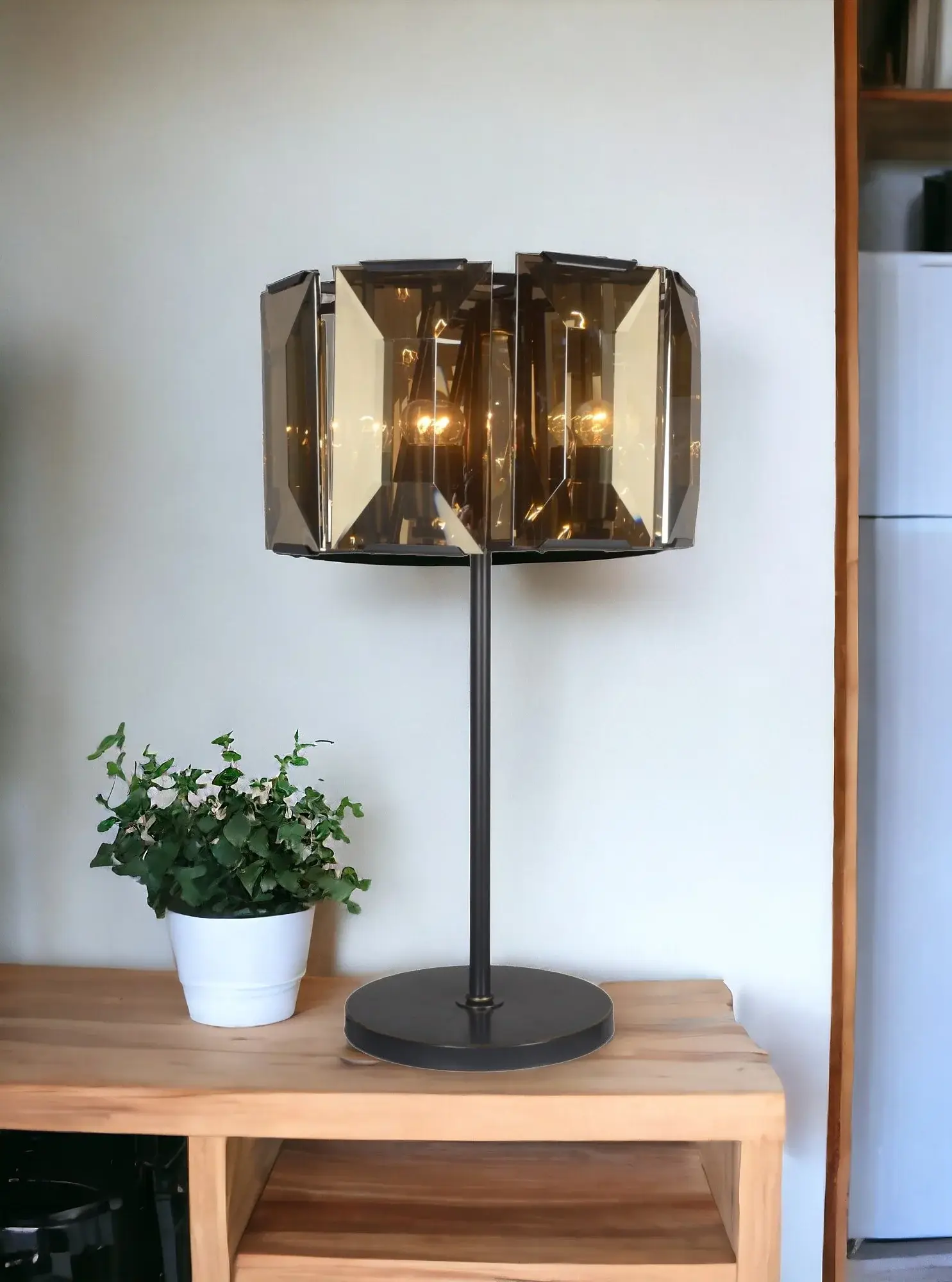 30" Bronze Metal Four Light Cylinder Bedside Table Lamp With Amber Round Shade - Image 2
