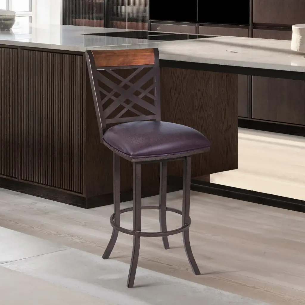 30" Brown Faux Leather And Iron Bar Height Bar Chair - Image 8