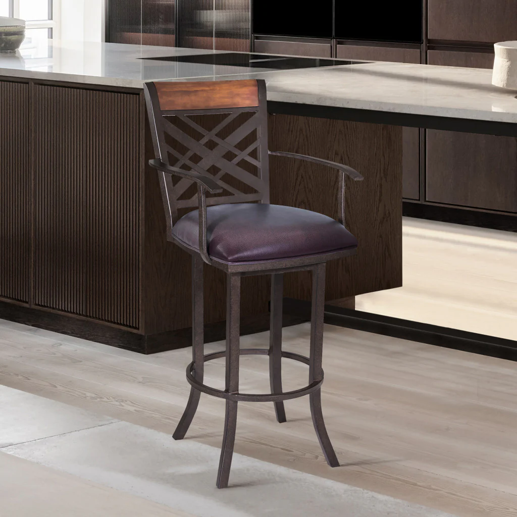30" Brown Faux Leather And Iron Bar Height Bar Chair - Image 8