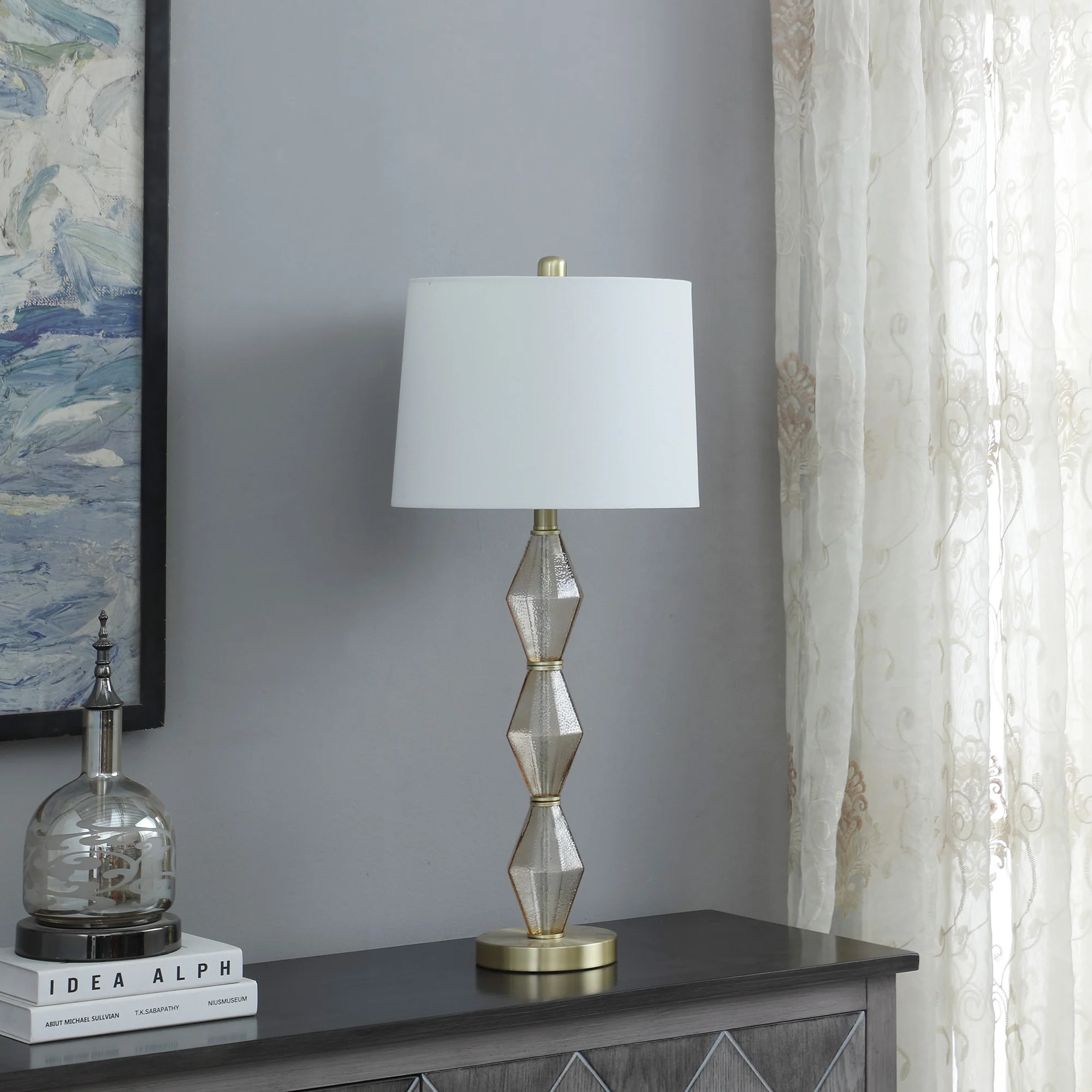 30" Brushed Gold Geo Glass Table Lamp With Shade - Image 4