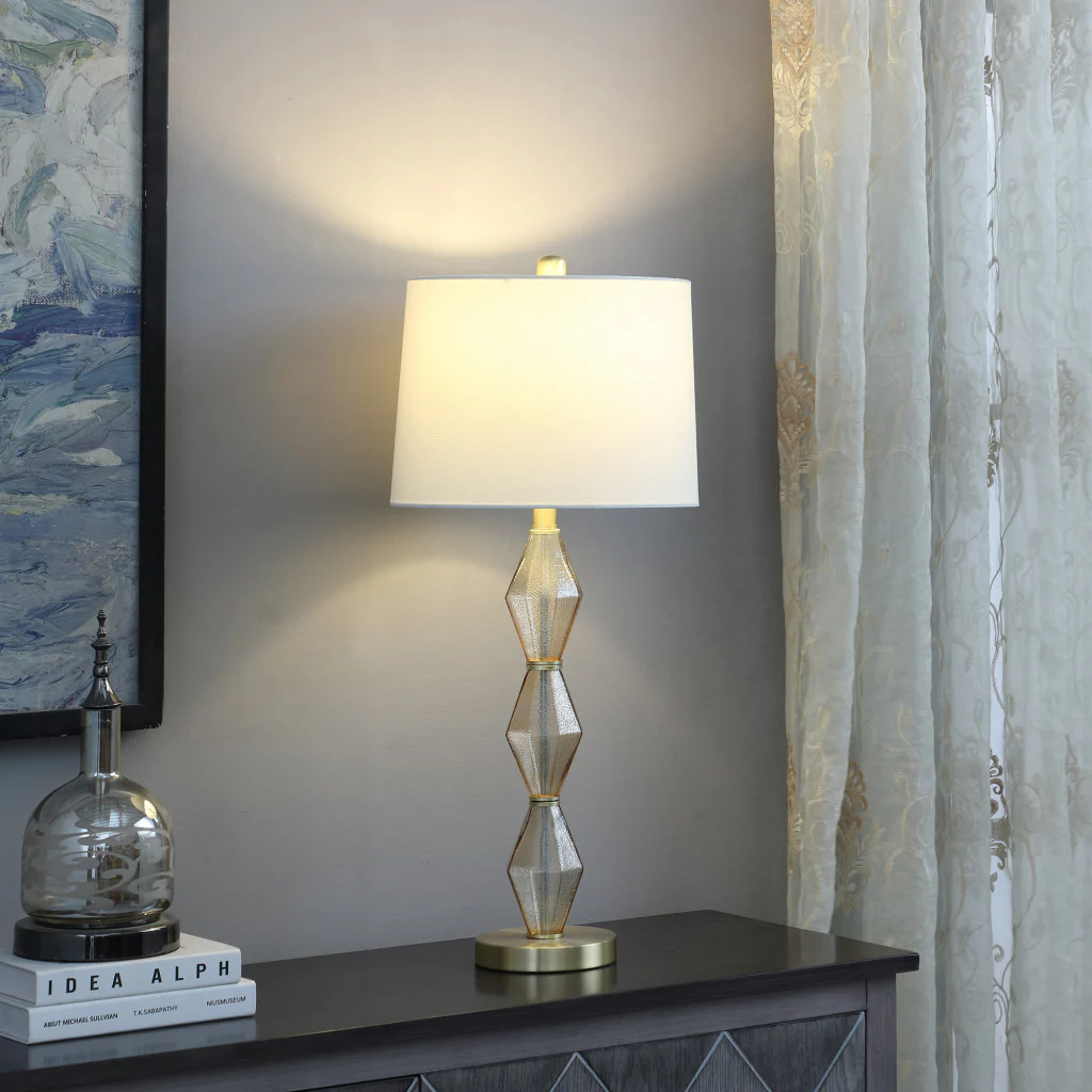30" Brushed Gold Geo Glass Table Lamp With Shade - Image 5