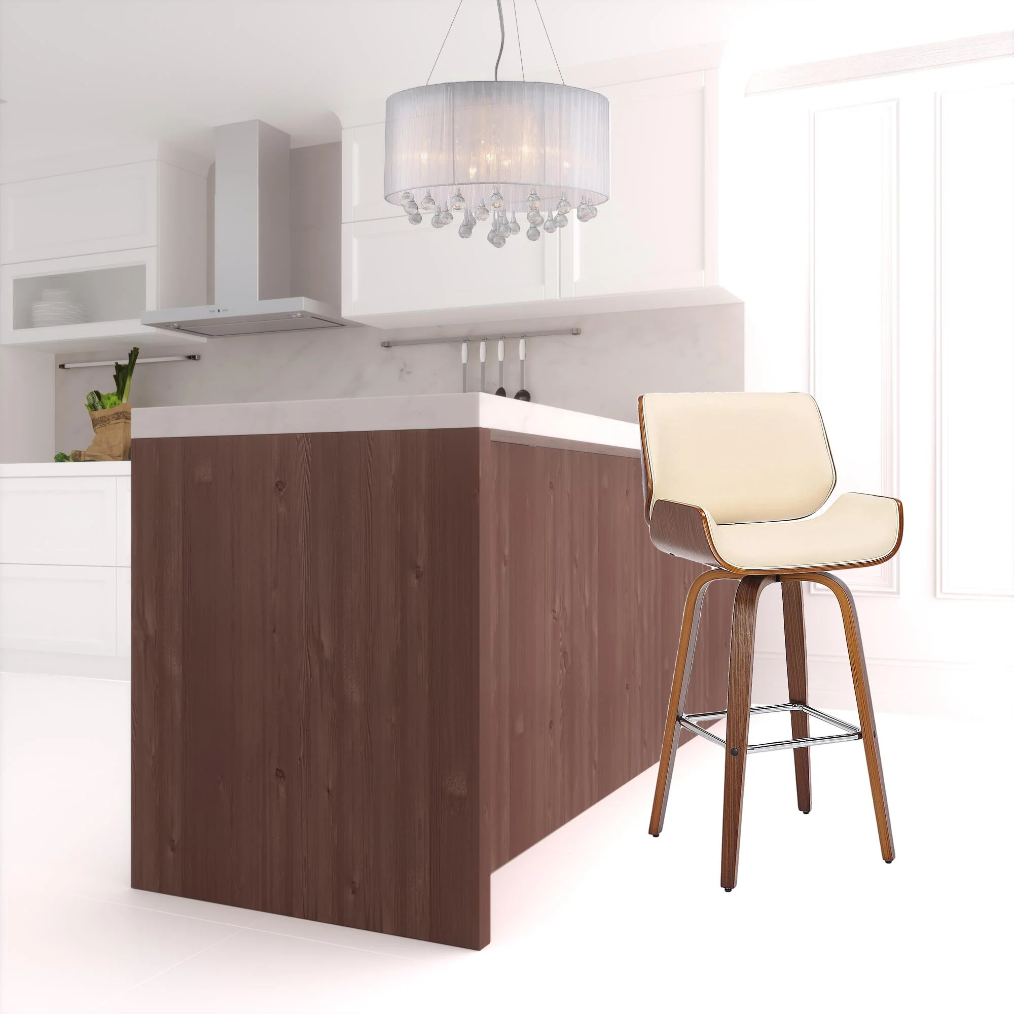 30" Cream And Brown Faux Leather And Solid Wood Swivel Bar Height Bar Chair - Image 2