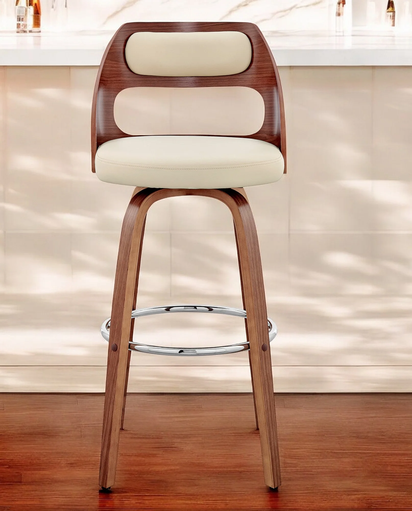 30" Cream And Brown Swivel Bar Chair