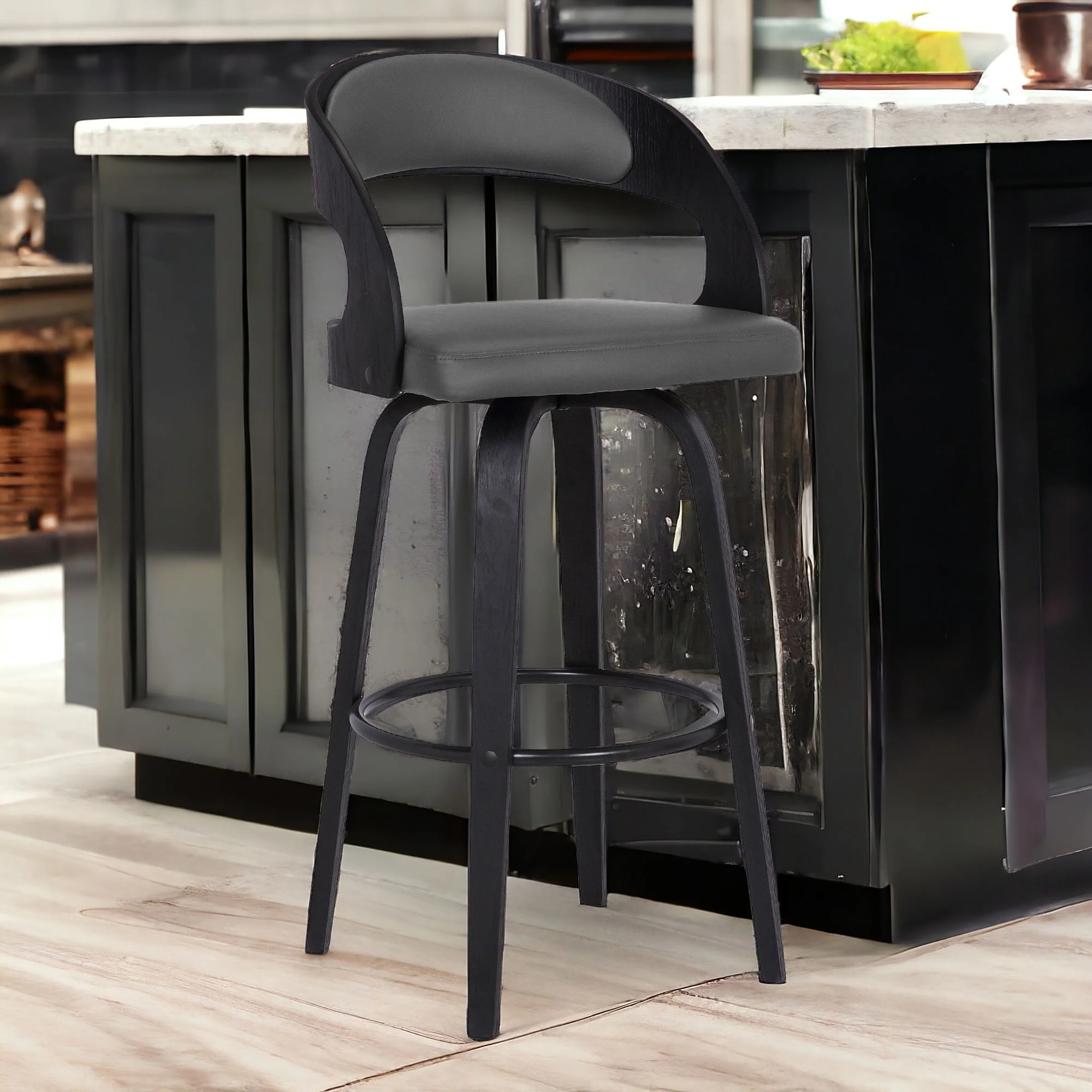 30" Gray And Black Iron Swivel Low Back Bar Height Bar Chair - Image 2