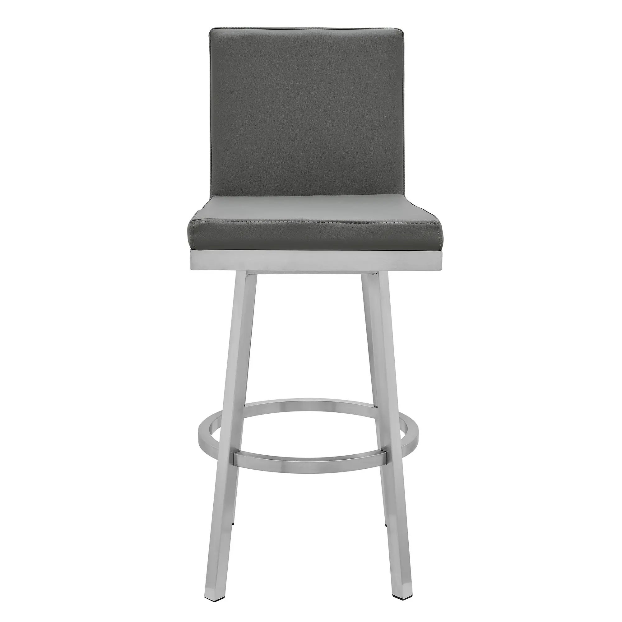 30" Gray And Silver Faux Leather And Iron Swivel Bar Height Bar Chair - Image 3