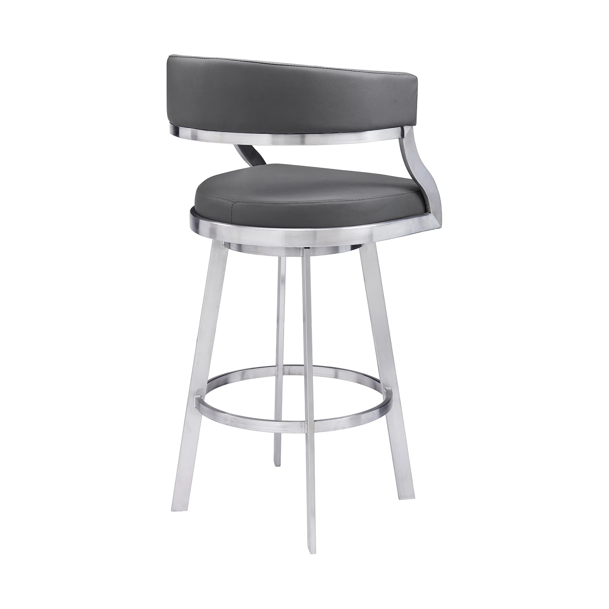30" Gray And Silver Faux Leather And Iron Swivel Low Back Bar Height Bar Chair - Image 3