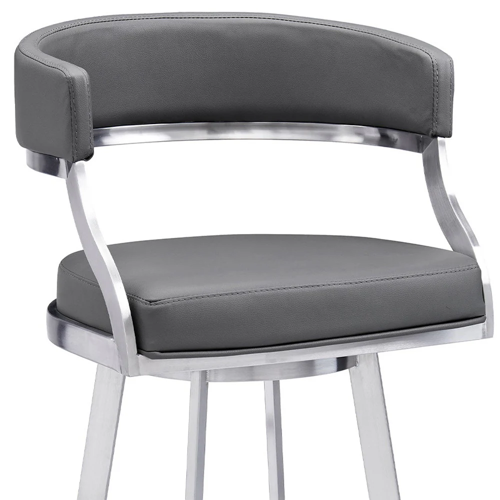 30" Gray And Silver Faux Leather And Iron Swivel Low Back Bar Height Bar Chair - Image 5