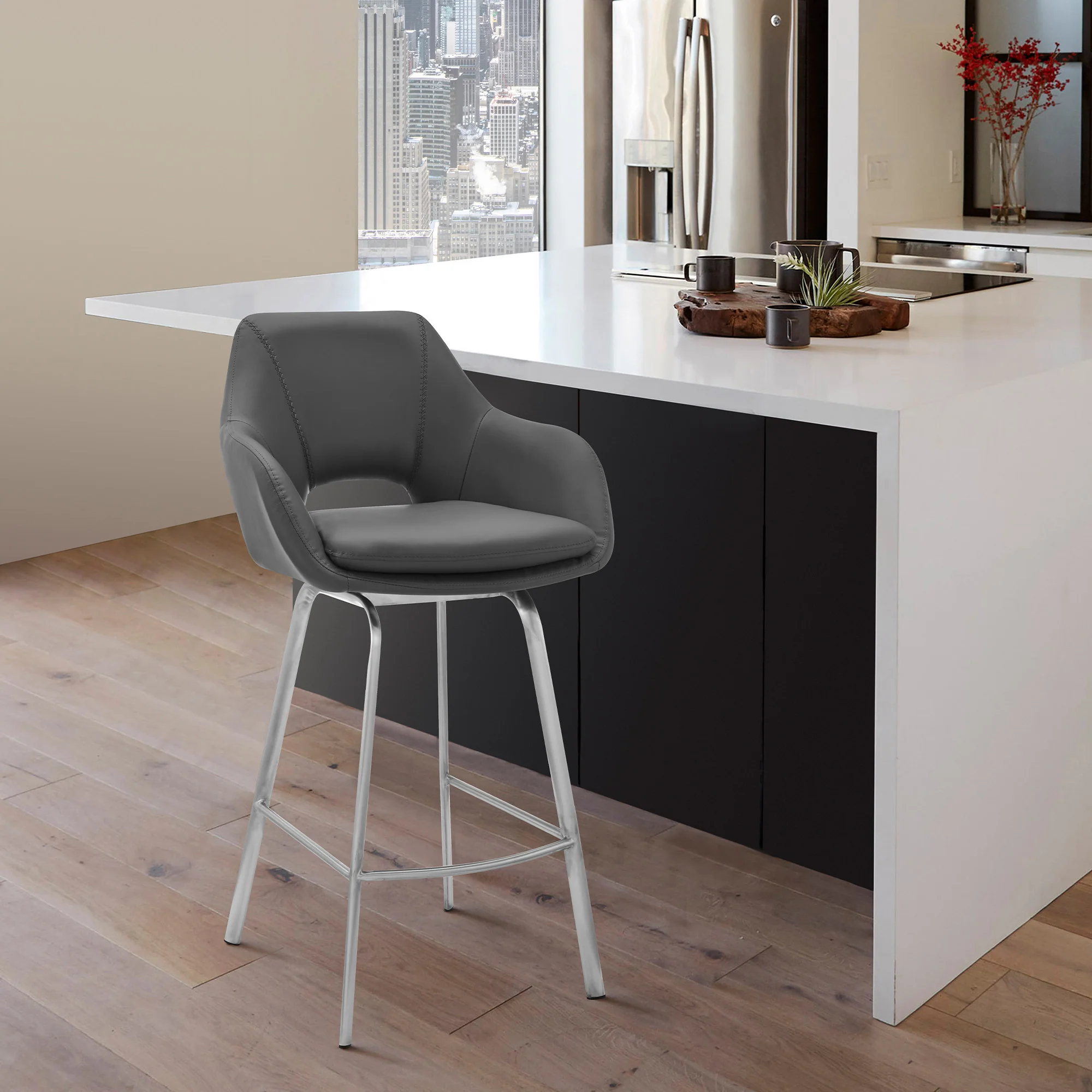 30" Gray And Silver Iron Swivel Low Back Bar Height Bar Chair - Image 8