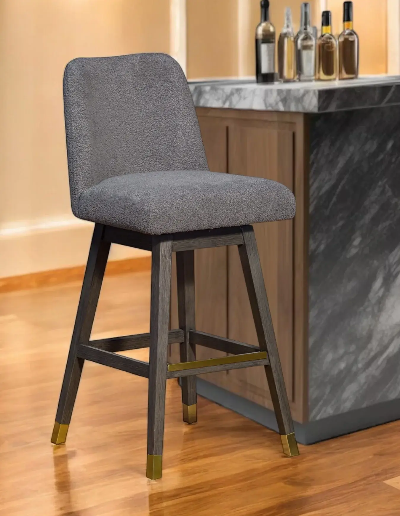 30" Gray Upholstered And Solid Wood Swivel Bar Height Bar Chair