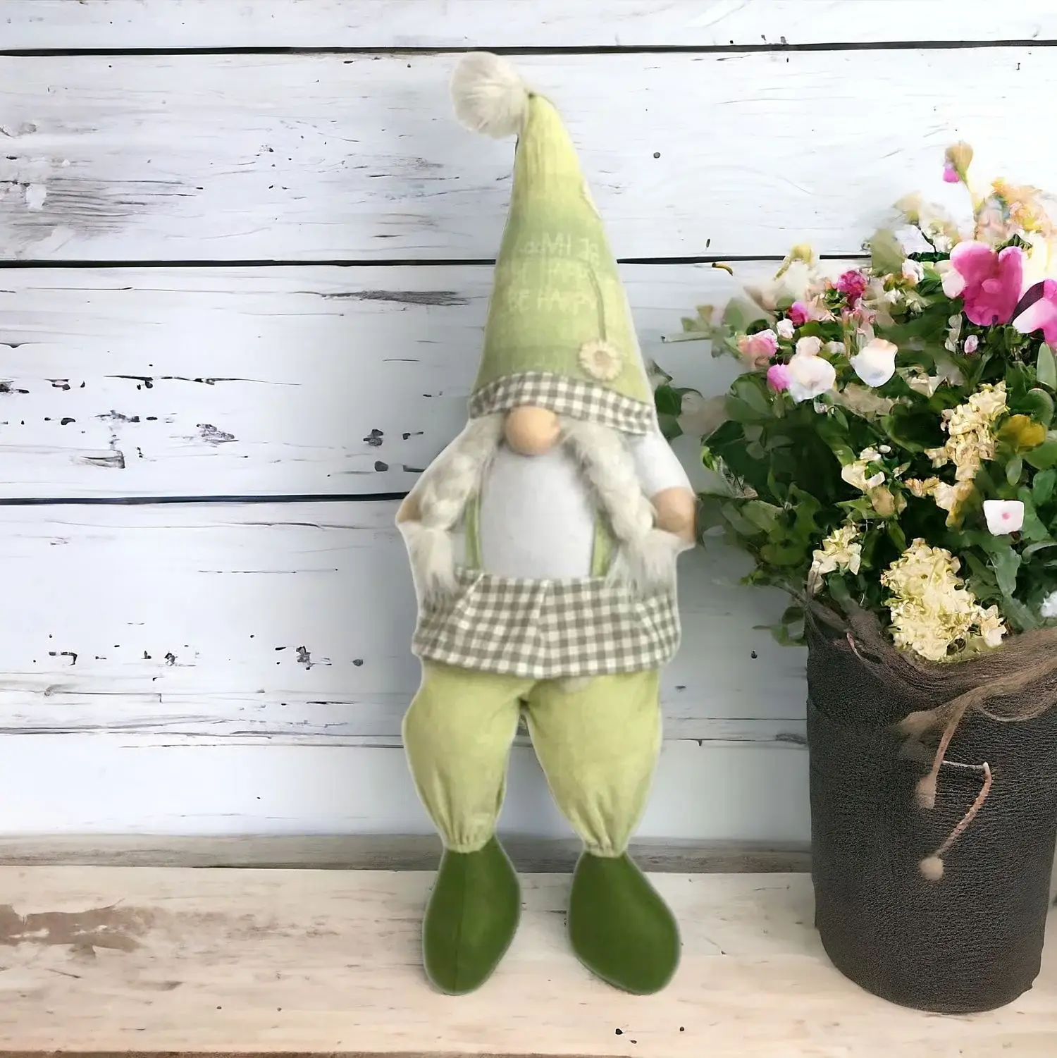 30" Green and White Fabric Sitting Gnome - Image 2