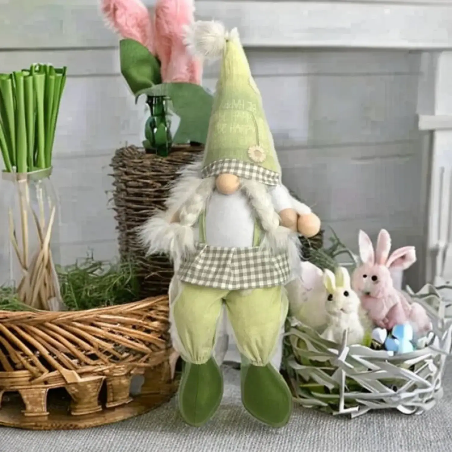 30" Green and White Fabric Sitting Gnome - Image 5