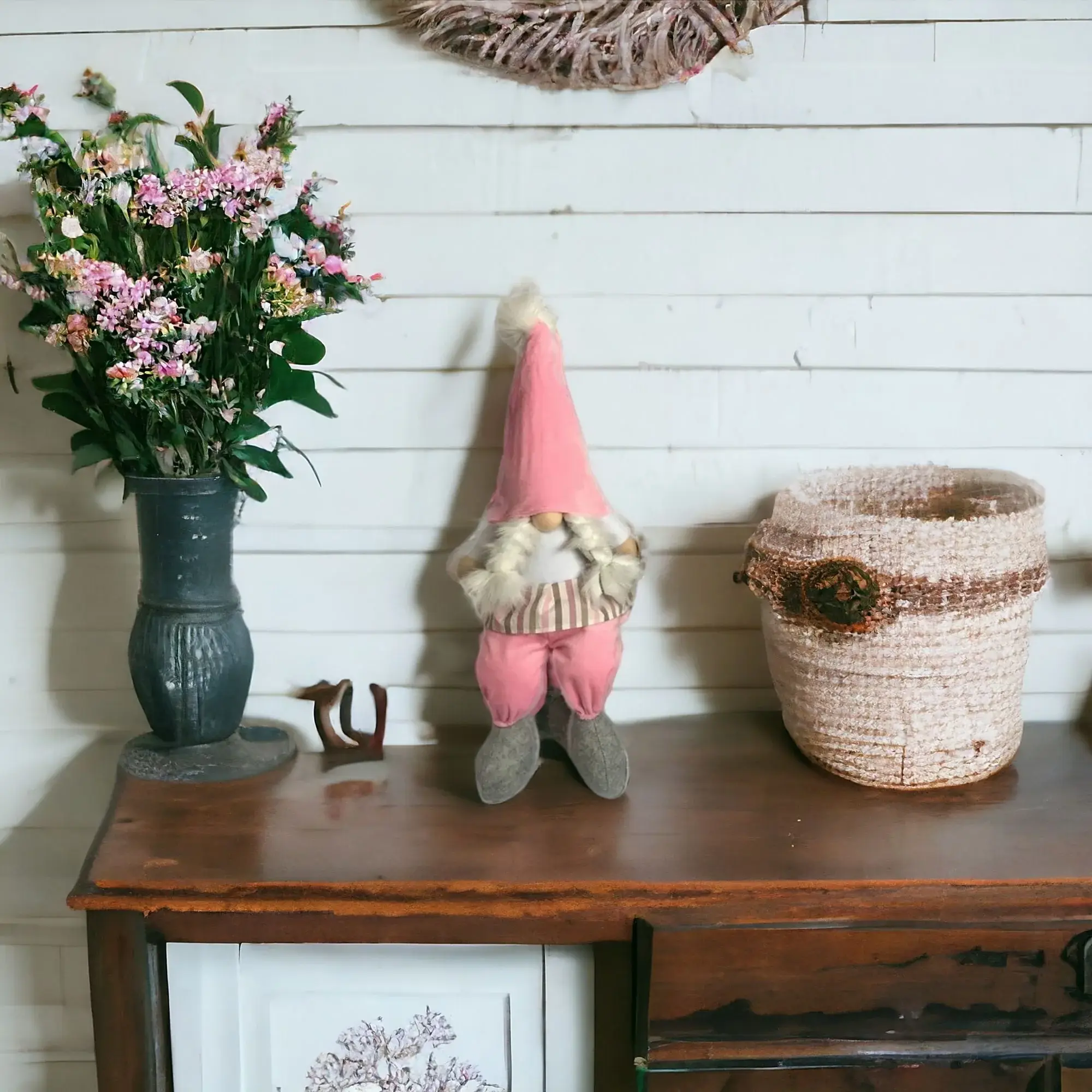 30" Pink and White Fabric Sitting Gnome - Image 2