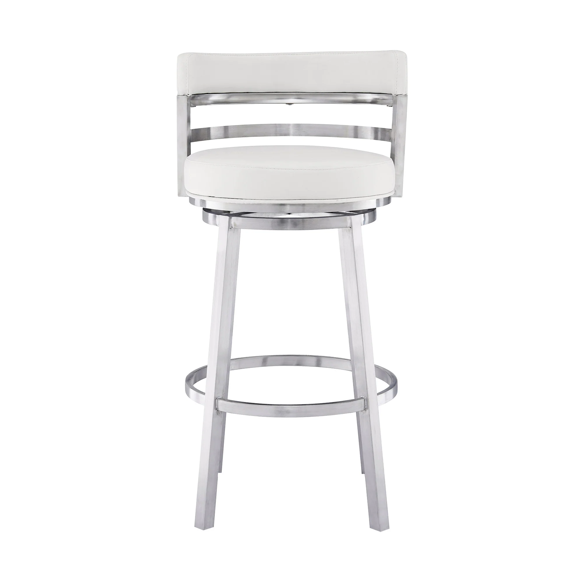 30" White And Silver Faux Leather And Iron Swivel Low Back Bar Height Bar Chair - Image 3