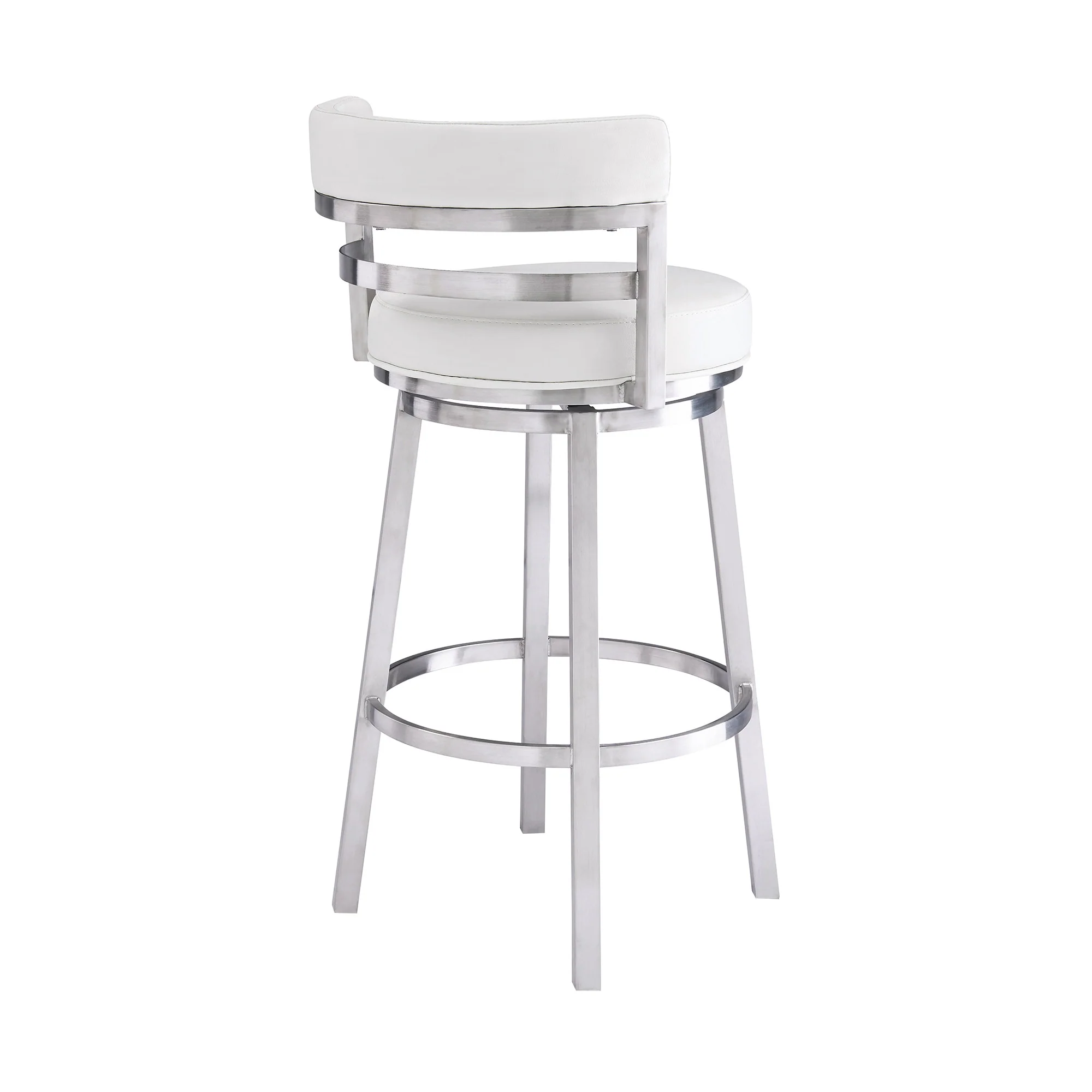 30" White And Silver Faux Leather And Iron Swivel Low Back Bar Height Bar Chair - Image 5