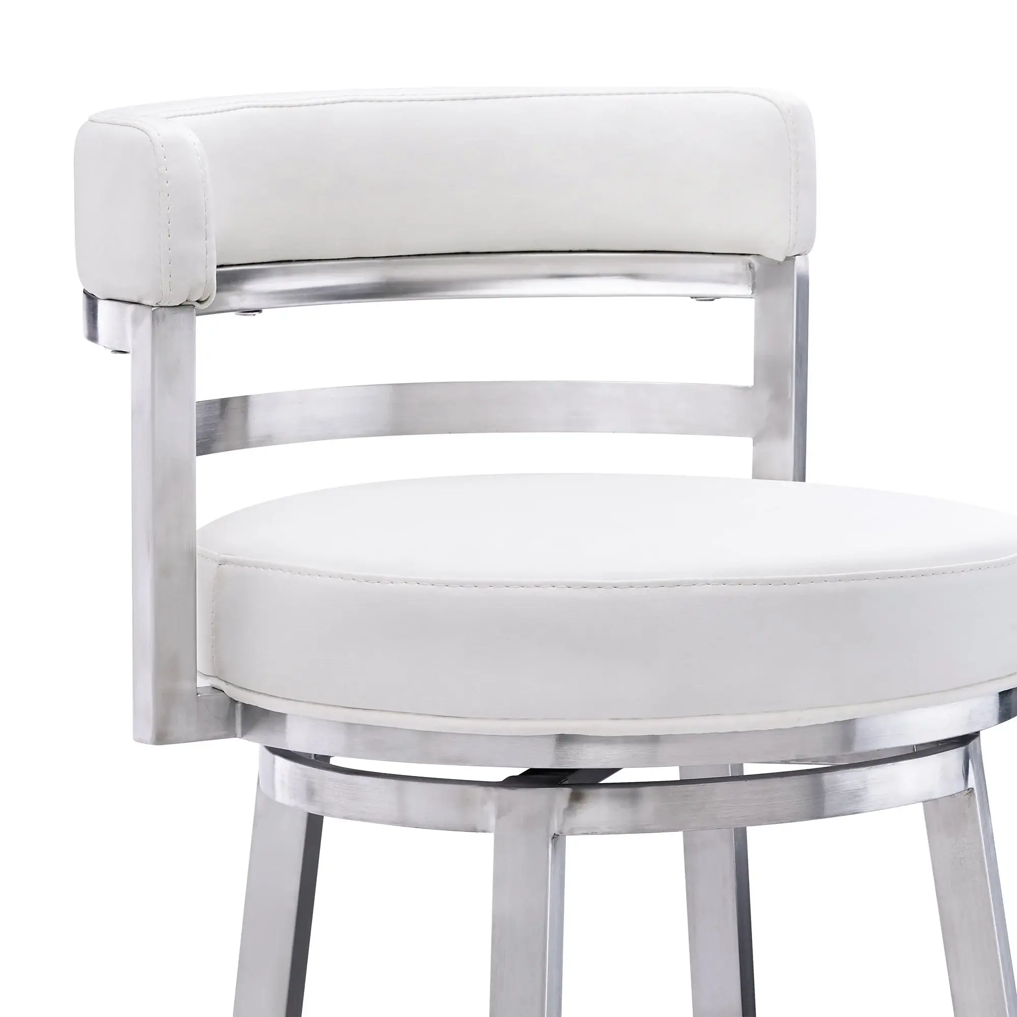30" White And Silver Faux Leather And Iron Swivel Low Back Bar Height Bar Chair - Image 6