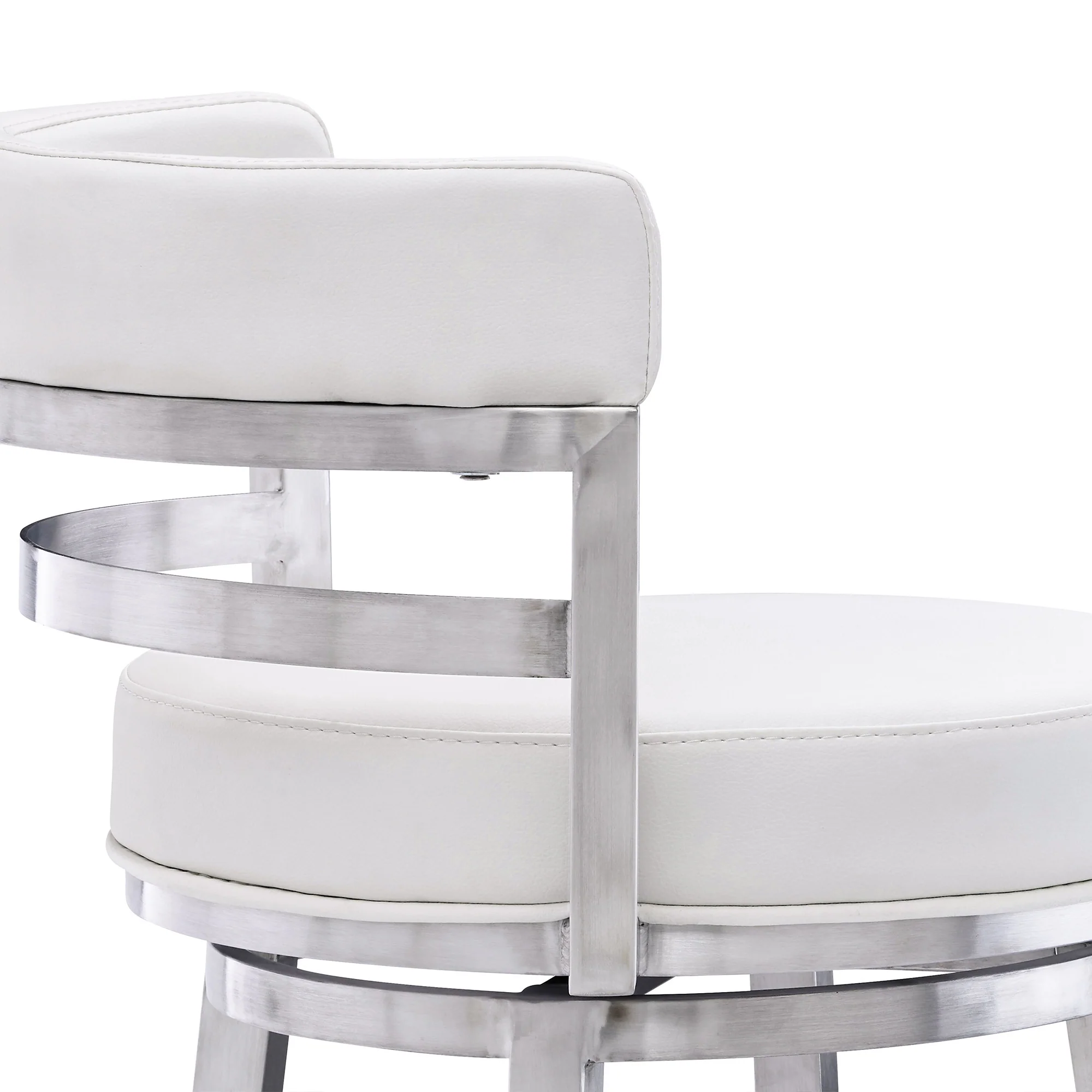 30" White And Silver Faux Leather And Iron Swivel Low Back Bar Height Bar Chair - Image 7