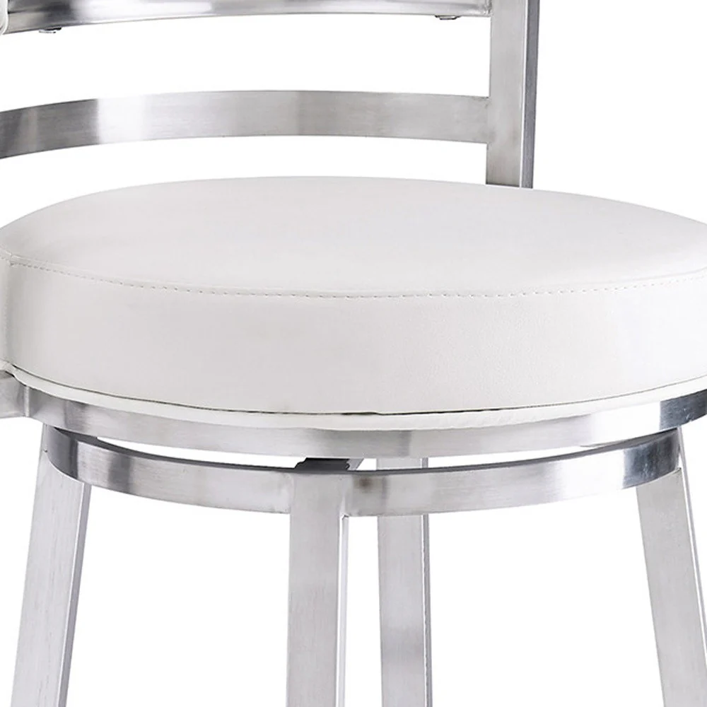 30" White And Silver Faux Leather And Iron Swivel Low Back Bar Height Bar Chair - Image 8
