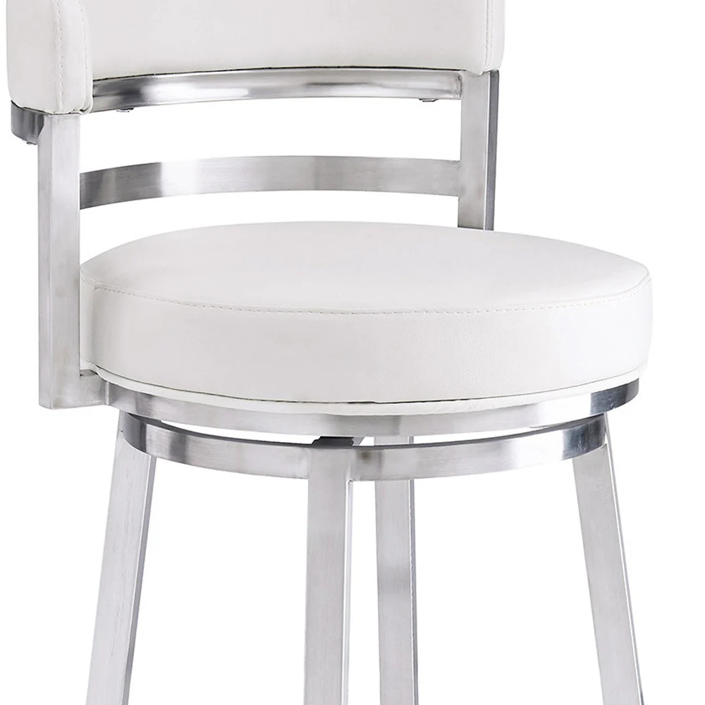 30" White And Silver Faux Leather And Iron Swivel Low Back Bar Height Bar Chair - Image 9