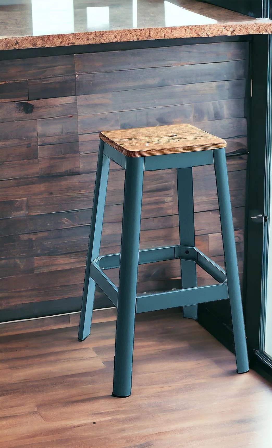 30" Wood Brown And Green Solid Wood And Metal Counter Height Bar Chair - Image 2