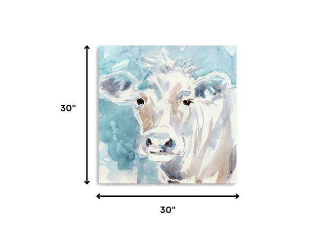 30" x 30" Blue Pastel Watercolor Cow Unframed Canvas Wall Art - Image 5