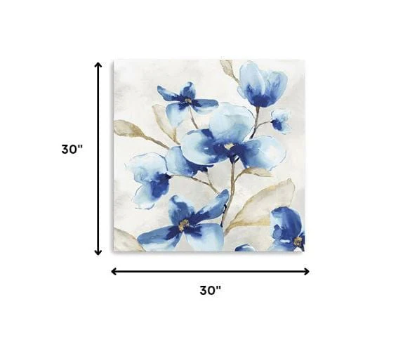 30" x 30" Watercolor Shades of Blue Floral Canvas Wall Art - Image 5
