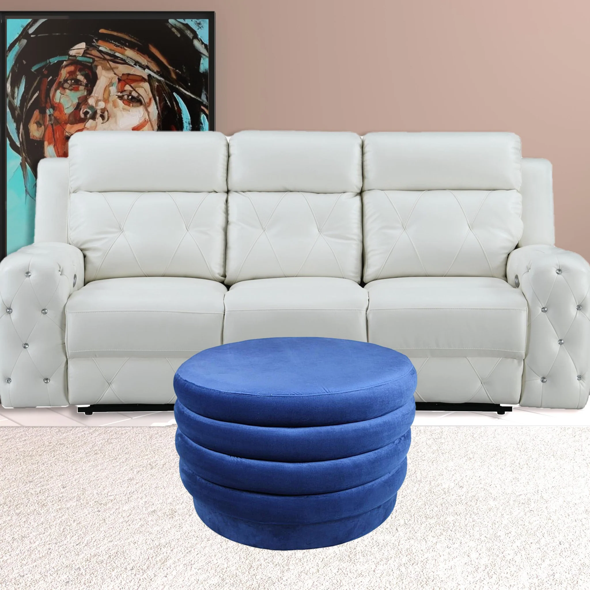 31" Blue Velvet Tufted Round Cocktail Ottoman - Image 2