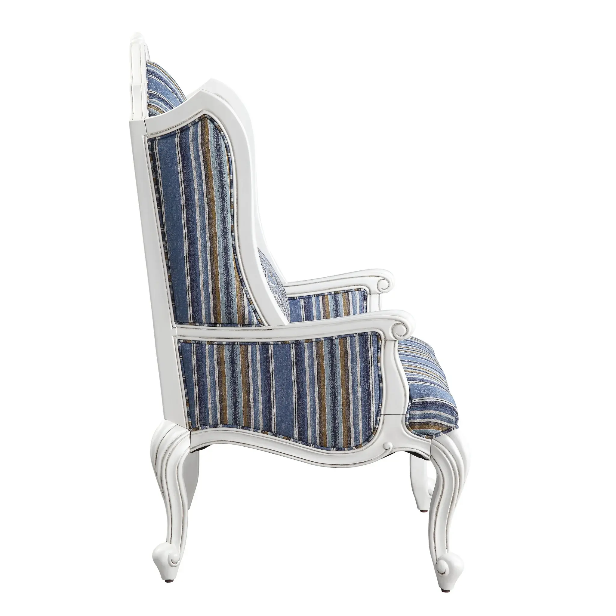 31" Blue White And Brown Fabric And White Striped Wingback Chair - Image 3