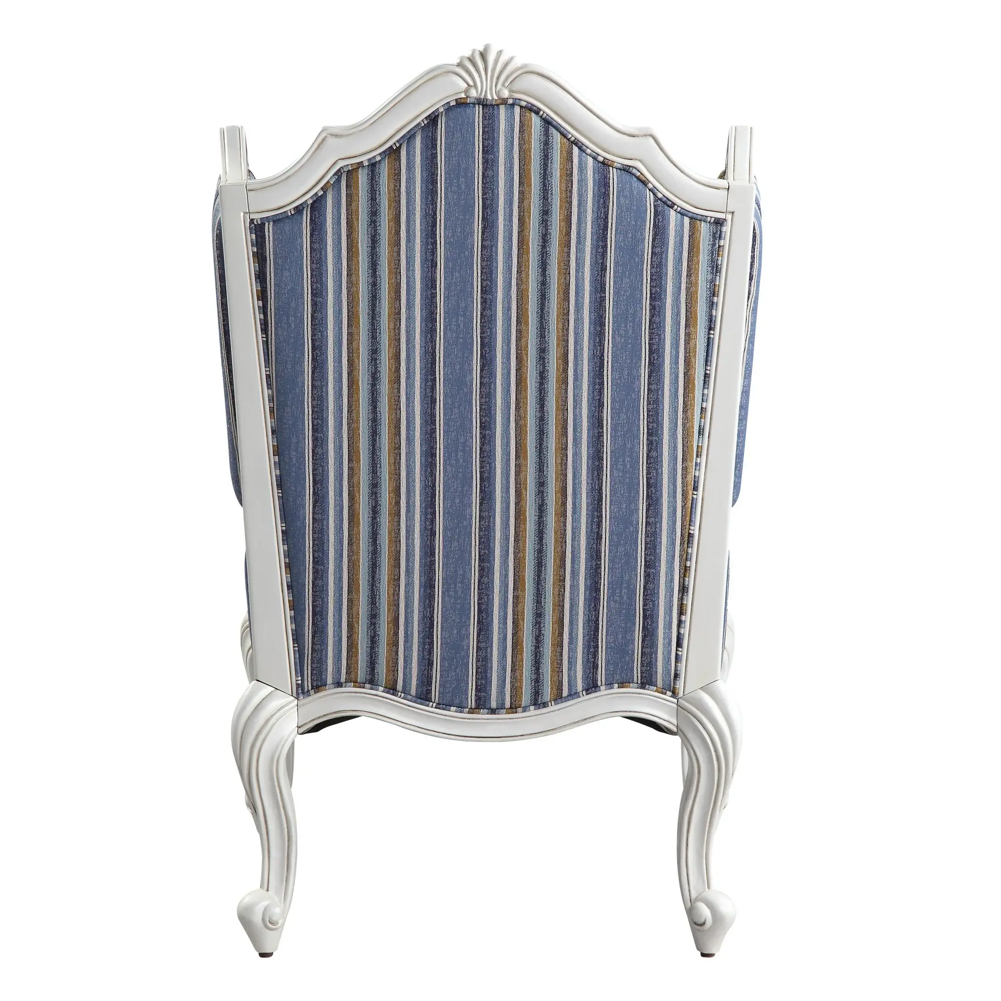 31" Blue White And Brown Fabric And White Striped Wingback Chair - Image 4