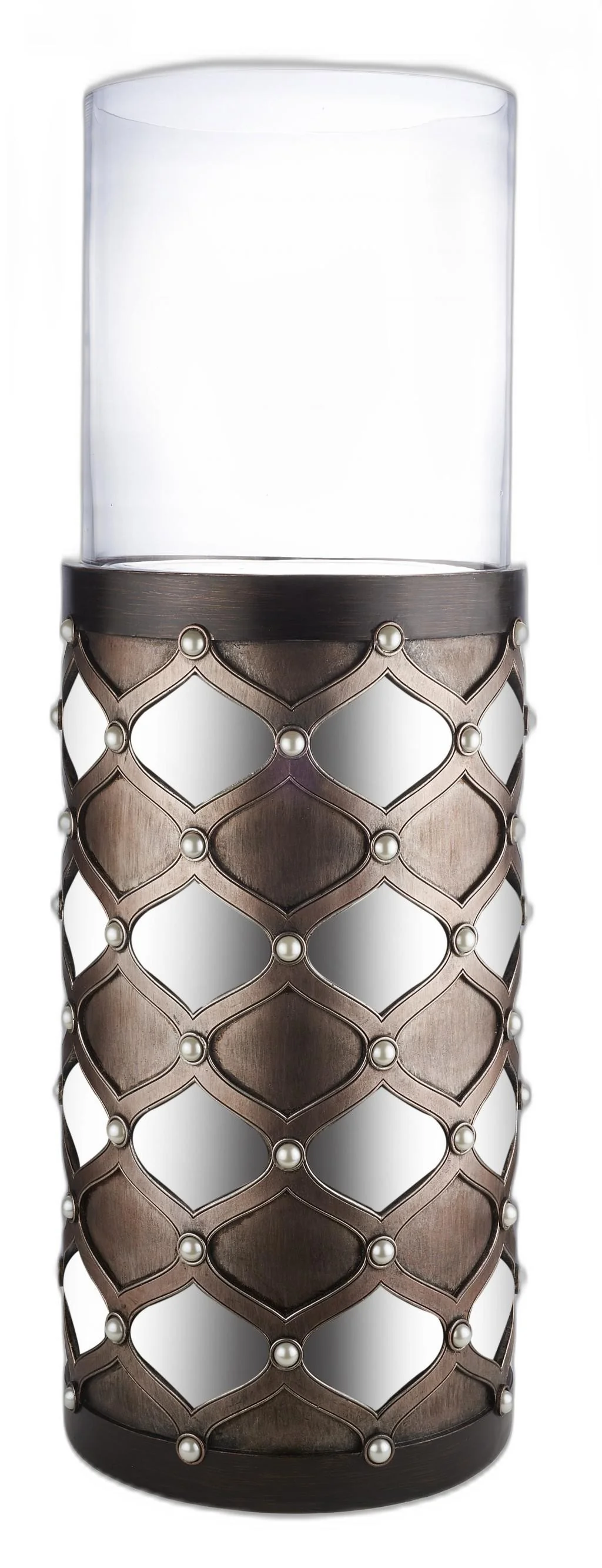 31" Bronze and Silver with Pearls Floor Hurricane Candle Holder - Image 2