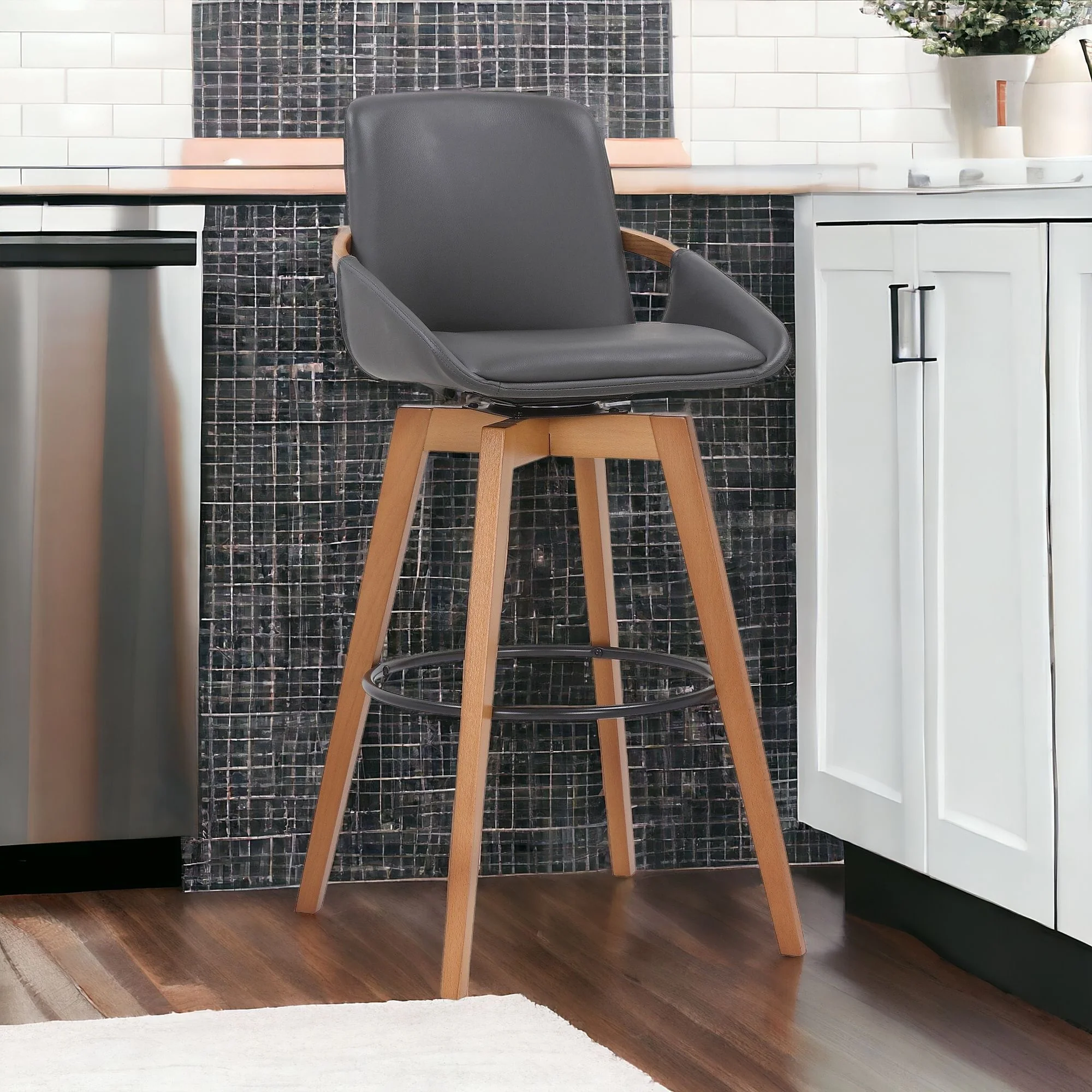 31" Gray And Black Iron Swivel Bar Height Bar Chair - Image 2