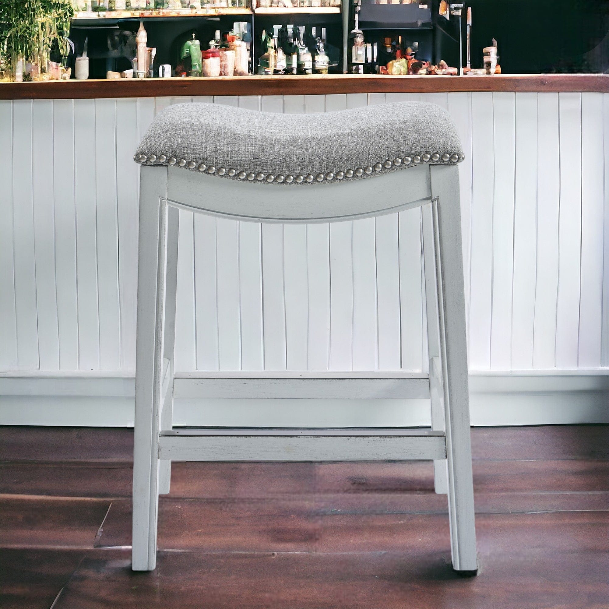 31" Light Gray And White Upholstered And Solid Wood Backless Bar Height Bar Chair - Image 2
