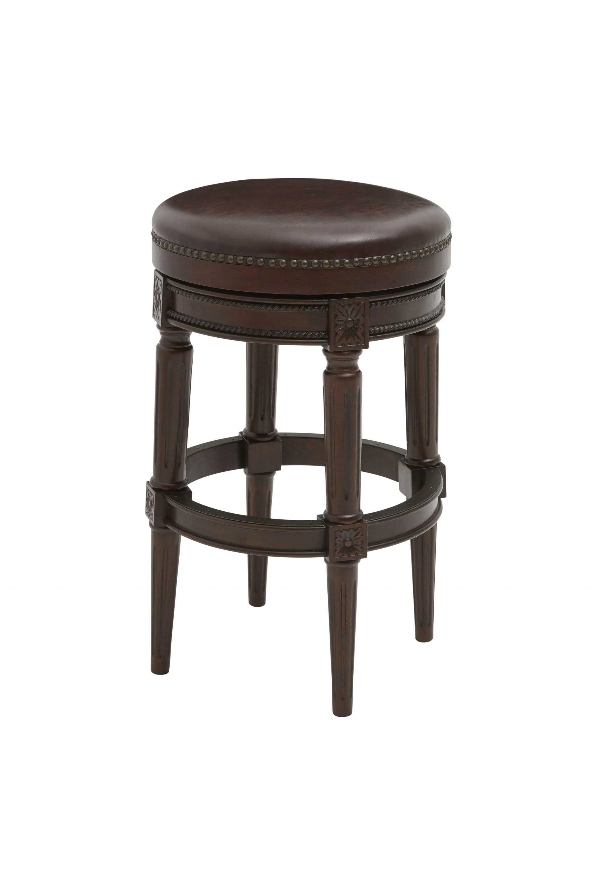31" Wood Brown Faux Leather And Solid Wood Swivel Backless Counter Height Bar Chair - Image 3