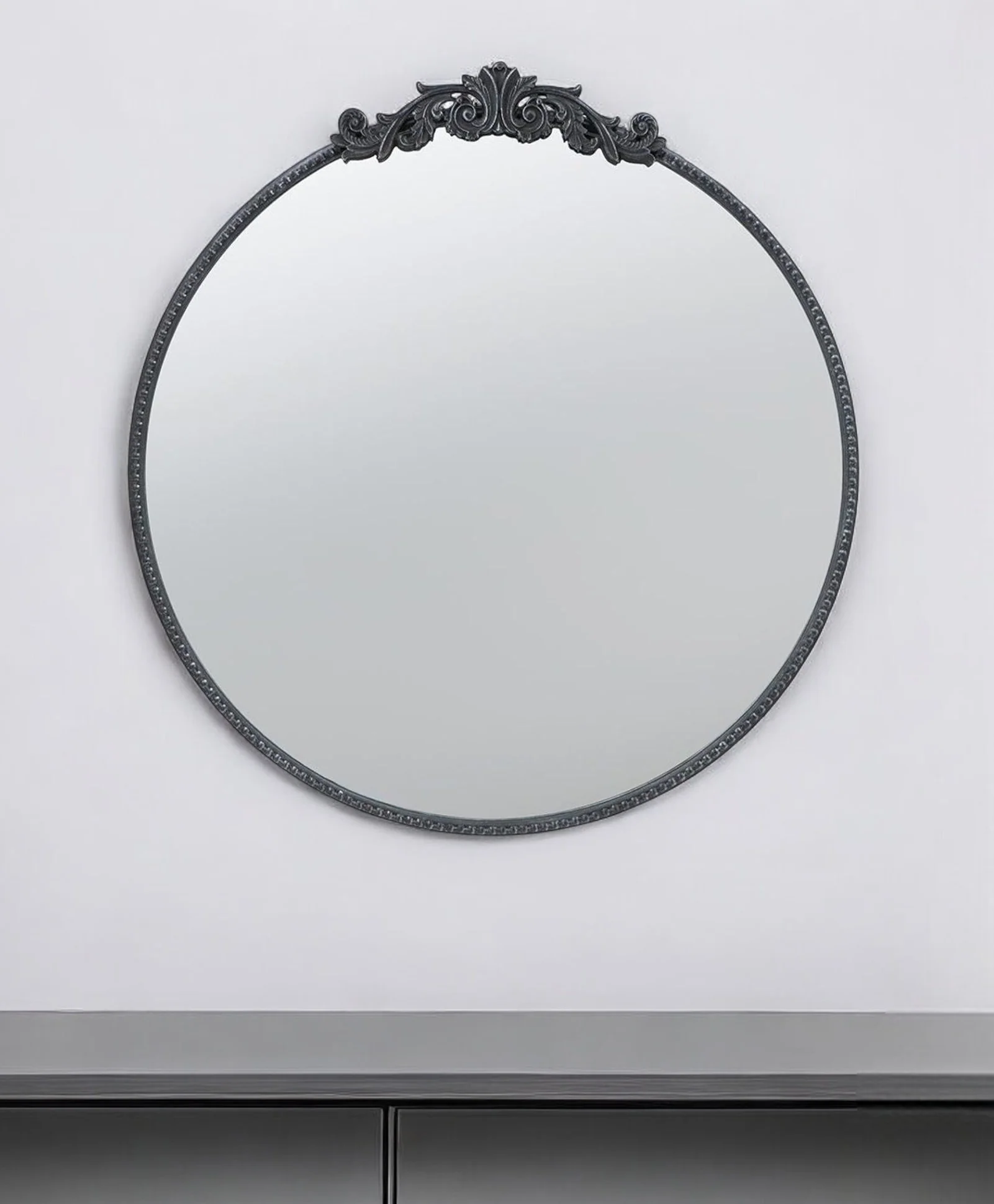 32" Black Crowned Top Iron Framed Round Accent Mirror - Image 2
