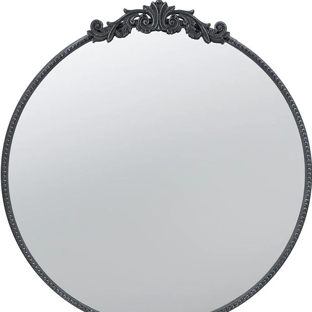 32" Black Crowned Top Iron Framed Round Accent Mirror - Image 4