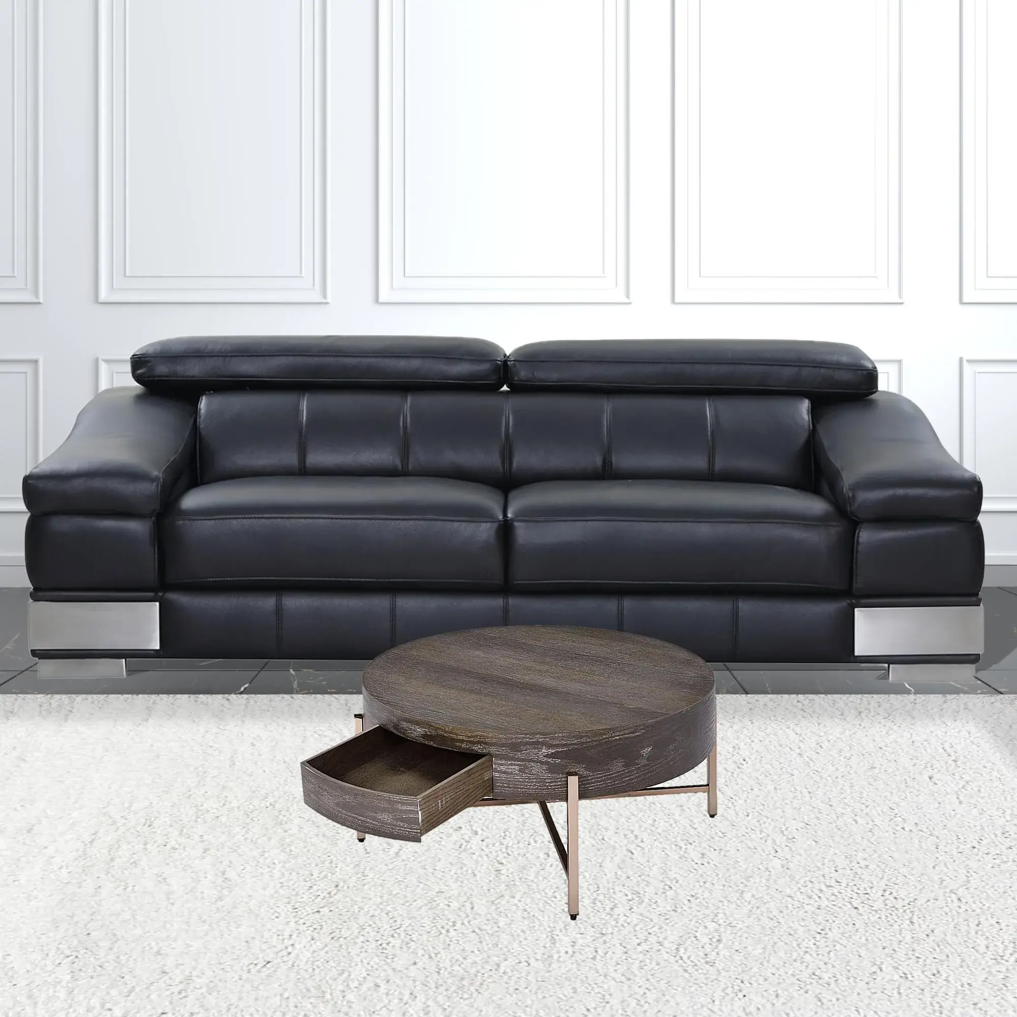 32" Champagne And Dark Oak Round Coffee Table With Drawer - Image 2