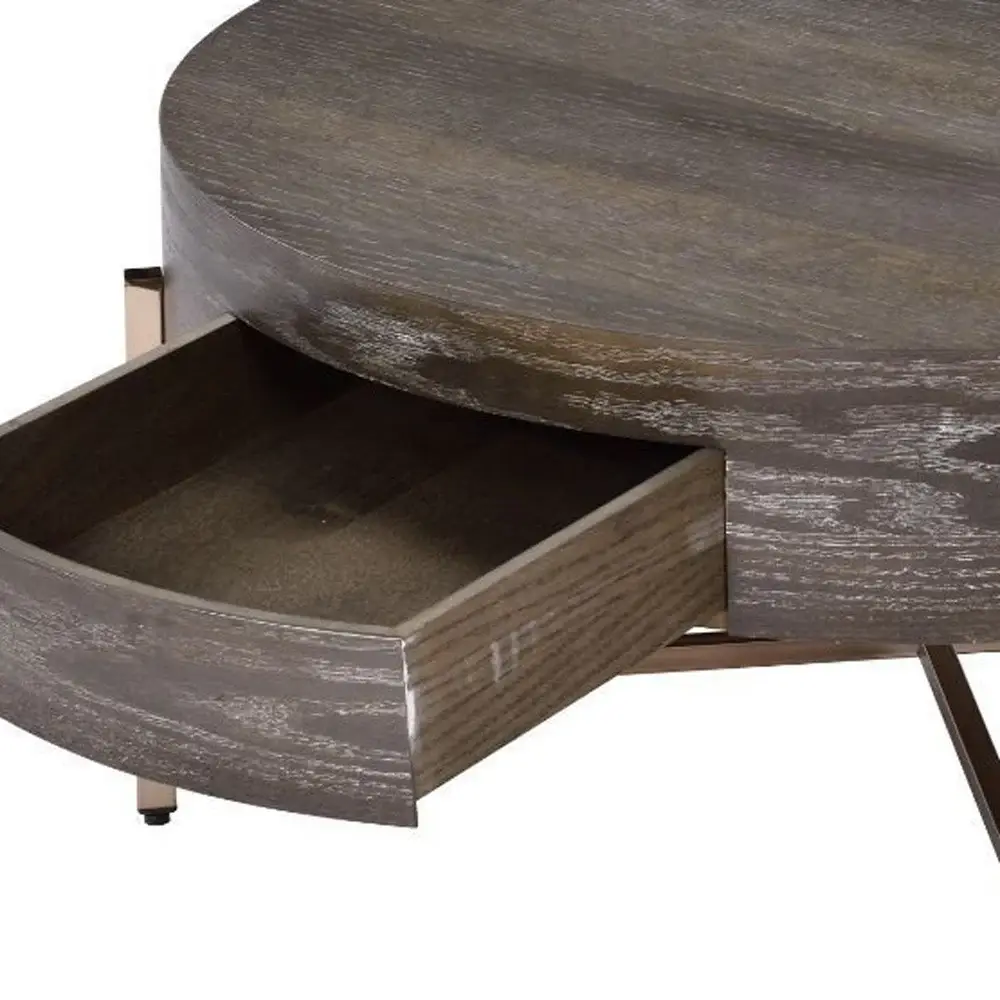 32" Champagne And Dark Oak Round Coffee Table With Drawer - Image 3