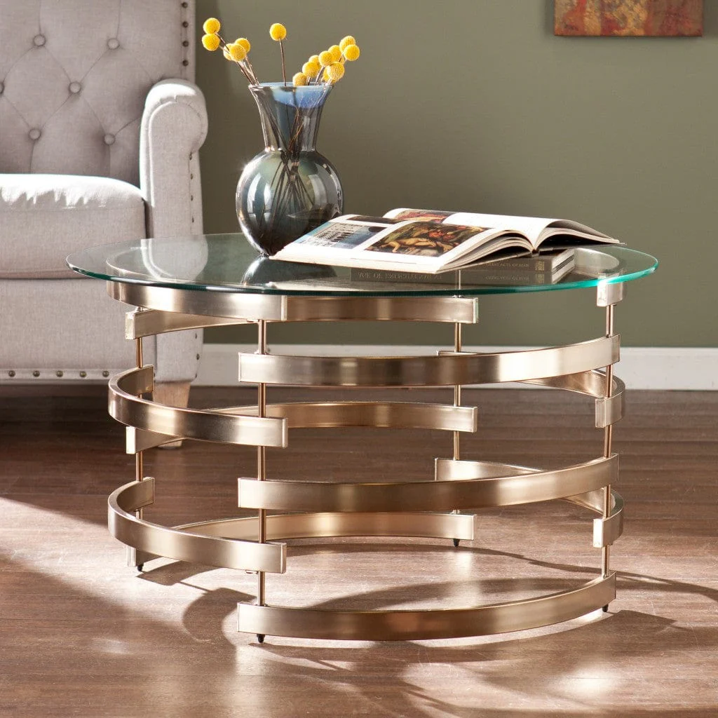 32" Clear And Champagne Glass And Metal With Iron Round Coffee Table - Image 3