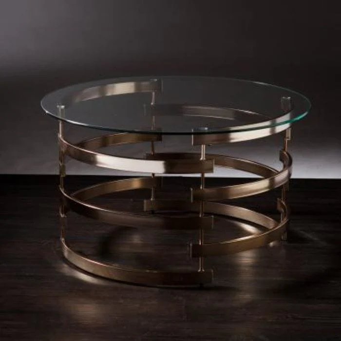 32" Clear And Champagne Glass And Metal With Iron Round Coffee Table - Image 4