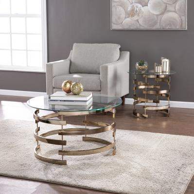 32" Clear And Champagne Glass And Metal With Iron Round Coffee Table - Image 5