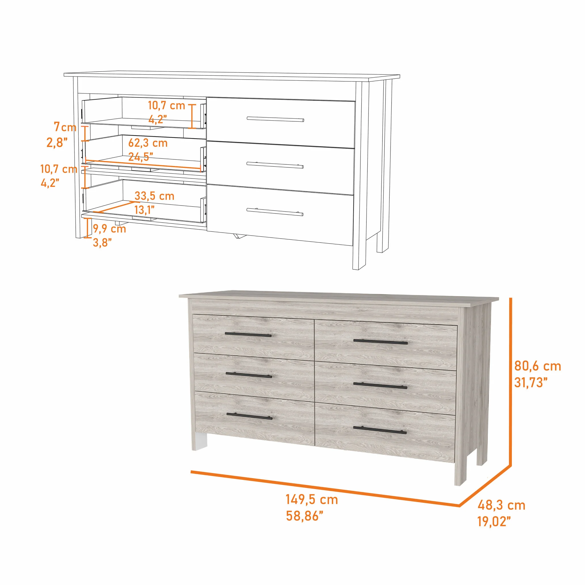 32" Light Gray Six Drawer Double Dresser - Image 9