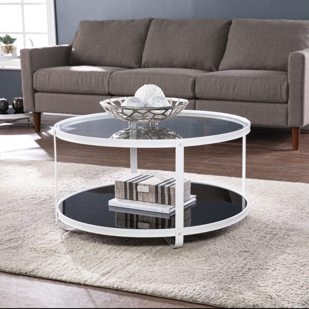 32" White Glass And Metal Two Tier Round Coffee Table - Image 8