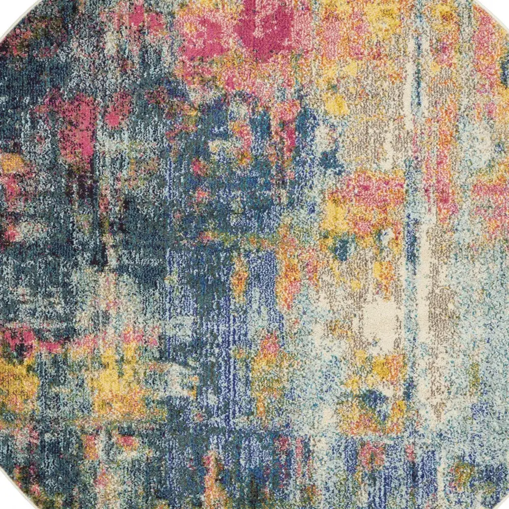 5' X 5' Blue And Yellow Round Abstract Power Loom Non Skid Area Rug - Image 3