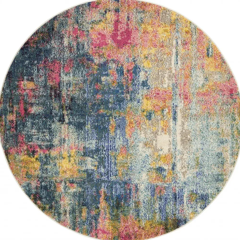 5' X 5' Blue And Yellow Round Abstract Power Loom Non Skid Area Rug - Image 4
