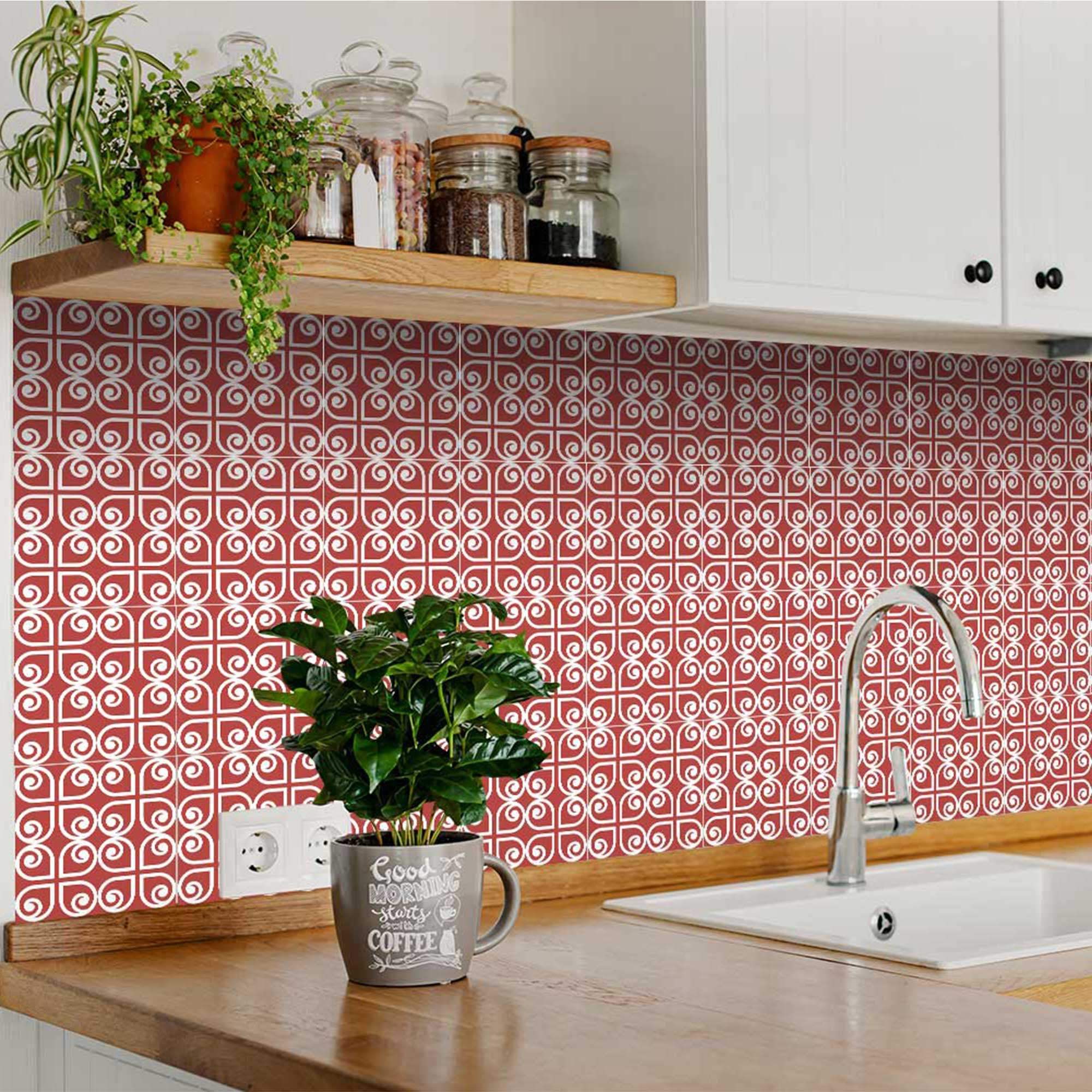 5" x 5" Brick Red And White Scroll Peel and Stick Removable Tiles - Image 5